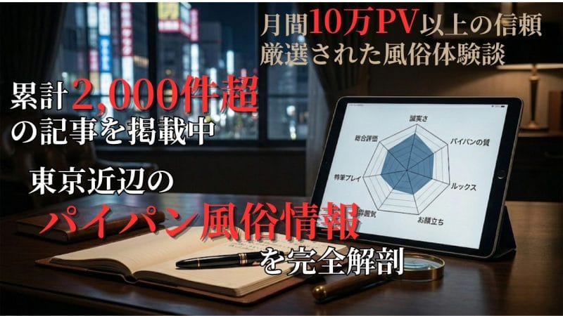 夜の歓楽街を背景にした取材デスク。独自の8項目(誠実さ、パイパンの質、ルックス、お顔立ち、雰囲気、スタイル、特筆プレイ、総合評価)で検証するタブレット画面と、執筆用のノート・万年筆の画像。 ぱいぱんまにあ|くみちょう